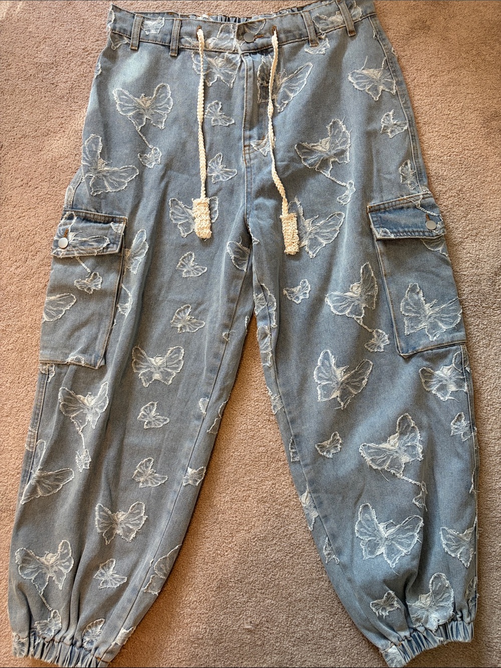 POL Light Blue Denim Butterfly Cargo Joggers with Rope Drawstring